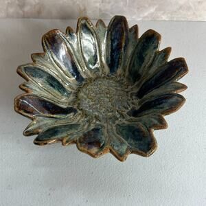 Studio Art Pottery Flower Shaped Trinket Dish 7.5" Hand Painted Blue Tones
